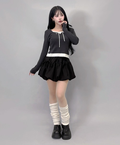 FOLLOWIN(フォロウィン)の「レースリボン付きレイヤード風ニットトップス(ニット/セーター・レディース・グレー/チャコールグレー・FREE)」の4枚目の写真