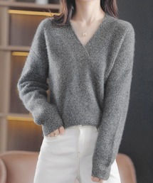 レディースのニット/セーター（グレー/灰色系・Vネック）ファッション