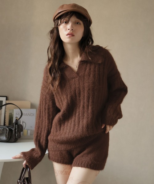 Ulysses（ユリシス）の「【セットアップ】ポロカラーリブニット＆ニットショートパンツ（セットアップ・レディース・キャメル/ブラウン/ネイビー・F）」の2枚目の写真