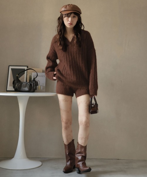 Ulysses（ユリシス）の「【セットアップ】ポロカラーリブニット＆ニットショートパンツ（セットアップ・レディース・キャメル/ブラウン/ネイビー・F）」の4枚目の写真