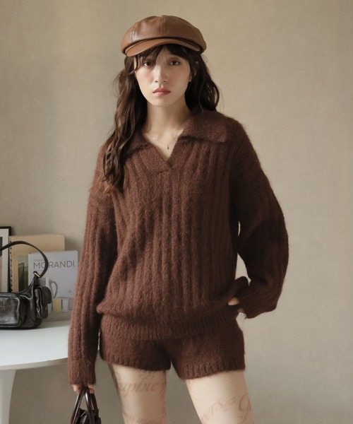 Ulysses（ユリシス）の「【セットアップ】ポロカラーリブニット＆ニットショートパンツ（セットアップ・レディース・キャメル/ブラウン/ネイビー・F）」の17枚目の写真