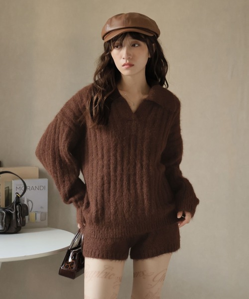 Ulysses（ユリシス）の「【セットアップ】ポロカラーリブニット＆ニットショートパンツ（セットアップ・レディース・キャメル/ブラウン/ネイビー・F）」の10枚目の写真