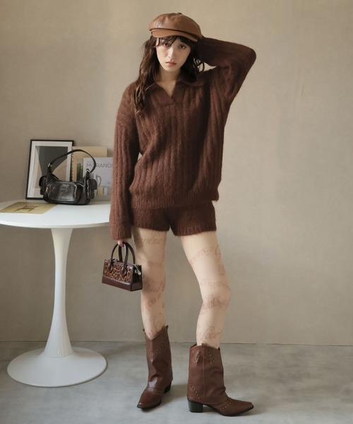 Ulysses（ユリシス）の「【セットアップ】ポロカラーリブニット＆ニットショートパンツ（セットアップ・レディース・キャメル/ブラウン/ネイビー・F）」の9枚目の写真