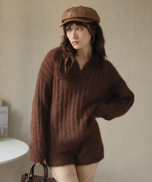 Ulysses（ユリシス）の「【セットアップ】ポロカラーリブニット＆ニットショートパンツ（セットアップ・レディース・キャメル/ブラウン/ネイビー・F）」の11枚目の写真