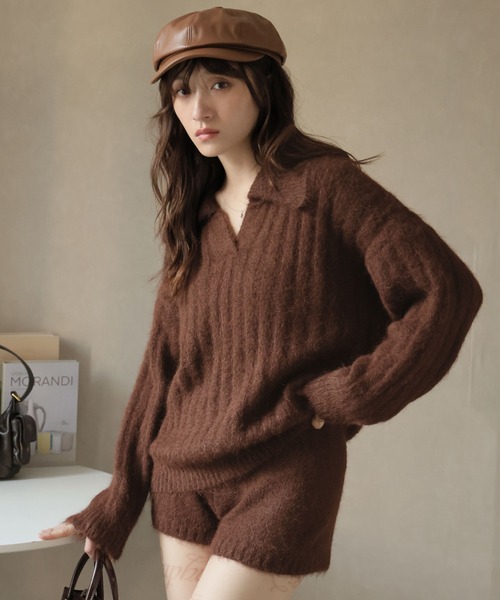 Ulysses（ユリシス）の「【セットアップ】ポロカラーリブニット＆ニットショートパンツ（セットアップ・レディース・キャメル/ブラウン/ネイビー・F）」の12枚目の写真