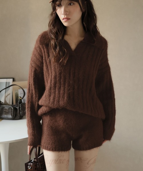 Ulysses（ユリシス）の「【セットアップ】ポロカラーリブニット＆ニットショートパンツ（セットアップ・レディース・キャメル/ブラウン/ネイビー・F）」の16枚目の写真