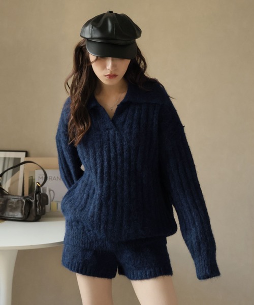 セール】【セットアップ】ポロカラーリブニット＆ニットショートパンツ