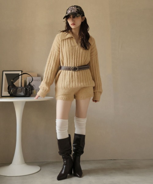 Ulysses（ユリシス）の「【セットアップ】ポロカラーリブニット＆ニットショートパンツ（セットアップ・レディース・キャメル/ブラウン/ネイビー・F）」の6枚目の写真