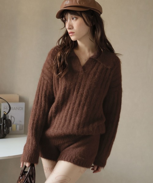 Ulysses（ユリシス）の「【セットアップ】ポロカラーリブニット＆ニットショートパンツ（セットアップ・レディース・キャメル/ブラウン/ネイビー・F）」の18枚目の写真