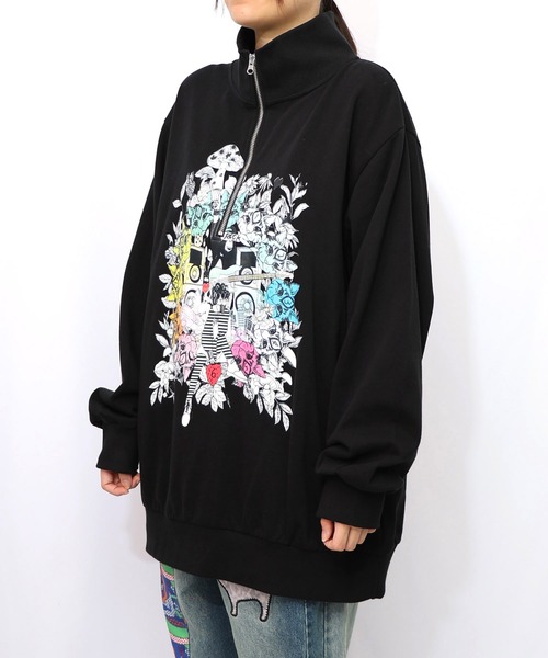 セール】153697：スカラーちゃんと時計と音楽柄裏毛チュニック