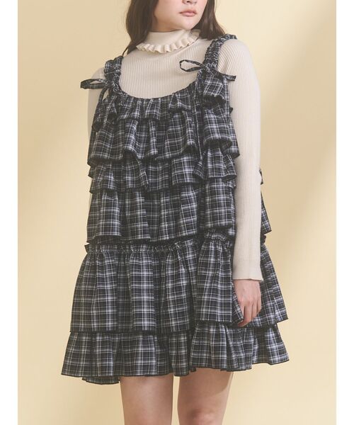 【and mary】チェック柄 半袖ミニワンピース フリル付き and mary】チェック柄 半袖ミニワンピース フリル付き