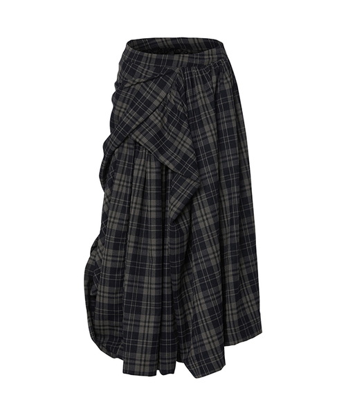 セール】Asymmetrical Draped Layered Long Skirt (FL-256_Checked