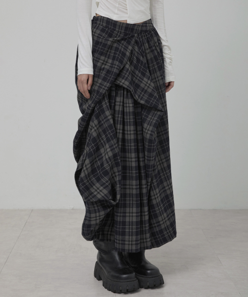 セール】Asymmetrical Draped Layered Long Skirt (FL-256_Checked