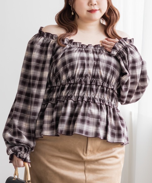 CLETTE(クレット)の「CLETTEオリジナル2WAYチェック柄フリルブラウス(シャツ/ブラウス・レディース・ブラウン/グレー/ブラック・LL/3L/4L)」の3枚目の写真