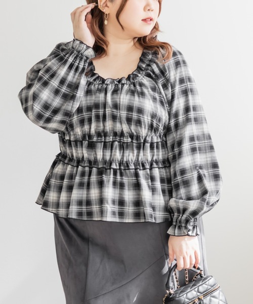 CLETTE(クレット)の「CLETTEオリジナル2WAYチェック柄フリルブラウス(シャツ/ブラウス・レディース・ブラウン/グレー/ブラック・LL/3L/4L)」の7枚目の写真