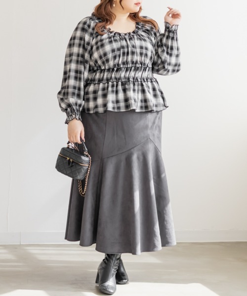 CLETTE(クレット)の「CLETTEオリジナル2WAYチェック柄フリルブラウス(シャツ/ブラウス・レディース・ブラウン/グレー/ブラック・LL/3L/4L)」の8枚目の写真