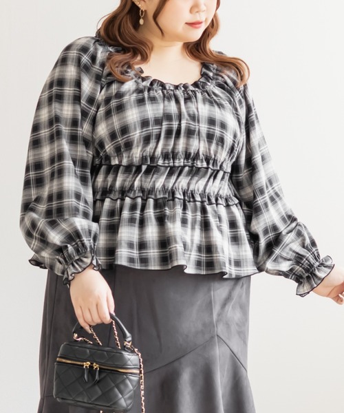 CLETTE(クレット)の「CLETTEオリジナル2WAYチェック柄フリルブラウス(シャツ/ブラウス・レディース・ブラウン/グレー/ブラック・LL/3L/4L)」の6枚目の写真