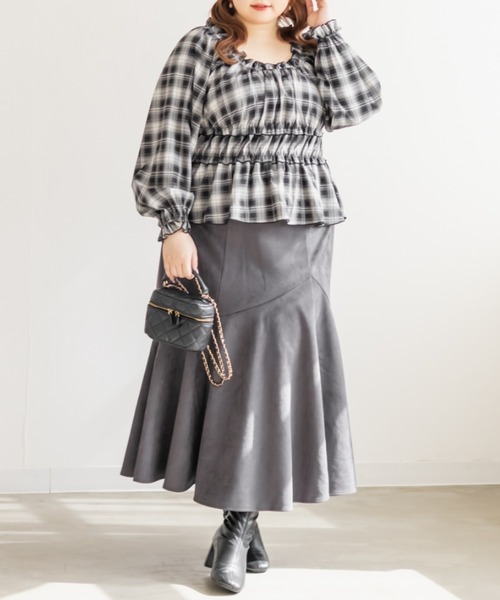 CLETTE(クレット)の「CLETTEオリジナル2WAYチェック柄フリルブラウス(シャツ/ブラウス・レディース・ブラウン/グレー/ブラック・LL/3L/4L)」の9枚目の写真