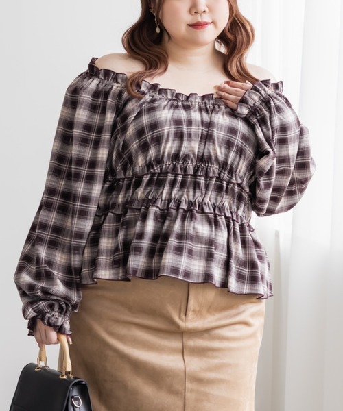 CLETTE(クレット)の「CLETTEオリジナル2WAYチェック柄フリルブラウス(シャツ/ブラウス・レディース・ブラウン/グレー/ブラック・LL/3L/4L)」の18枚目の写真