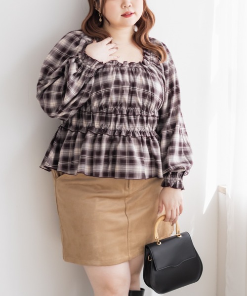 CLETTE(クレット)の「CLETTEオリジナル2WAYチェック柄フリルブラウス(シャツ/ブラウス・レディース・ブラウン/グレー/ブラック・LL/3L/4L)」の19枚目の写真