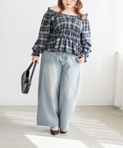 CLETTE(クレット)の「CLETTEオリジナル2WAYチェック柄フリルブラウス(シャツ/ブラウス・レディース・ブラウン/グレー/ブラック・LL/3L/4L)」の13枚目の写真