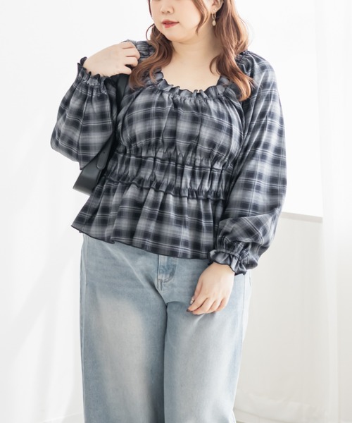 CLETTE(クレット)の「CLETTEオリジナル2WAYチェック柄フリルブラウス(シャツ/ブラウス・レディース・ブラウン/グレー/ブラック・LL/3L/4L)」の14枚目の写真