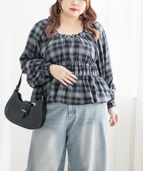 CLETTE(クレット)の「CLETTEオリジナル2WAYチェック柄フリルブラウス(シャツ/ブラウス・レディース・ブラウン/グレー/ブラック・LL/3L/4L)」の15枚目の写真