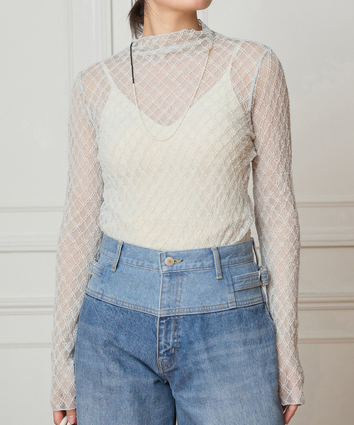 IENA LA BOUCLE(イエナラブークル)の「IENA LA BOUCLE ダイヤチュールカットソー(Tシャツ/カットソー・レディース・グレー/ホワイト・FREE)」の2枚目の写真