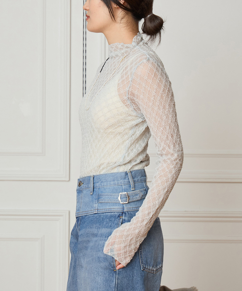 IENA LA BOUCLE(イエナラブークル)の「IENA LA BOUCLE ダイヤチュールカットソー(Tシャツ/カットソー・レディース・グレー/ホワイト・FREE)」の4枚目の写真