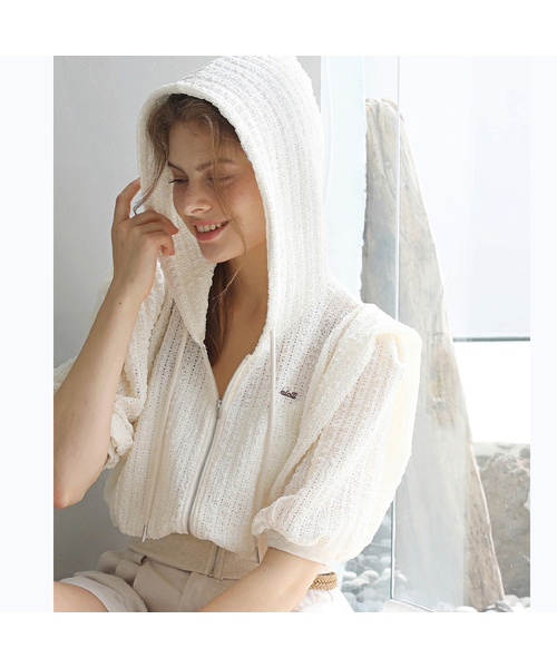 SLOWLOLLI（スローローリ）の「Punching knit hoodie zip-up（パーカー・レディース・Cream/ブラック・FREE）」の2枚目の写真