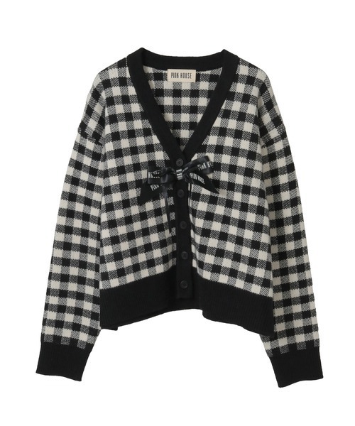 ギンガムチェックニットカーディガン（カーディガン/ボレロ）｜PINK