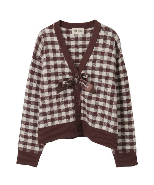 ギンガムチェックニットカーディガン（カーディガン/ボレロ）｜PINK