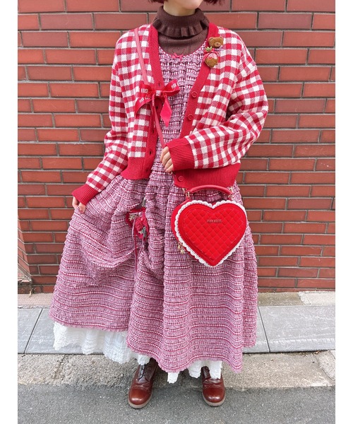 ギンガムチェックニットカーディガン（カーディガン/ボレロ）｜PINK