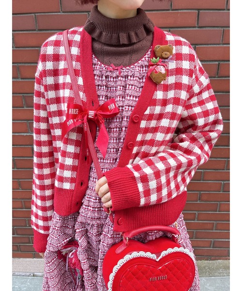 ギンガムチェックニットカーディガン（カーディガン/ボレロ）｜PINK
