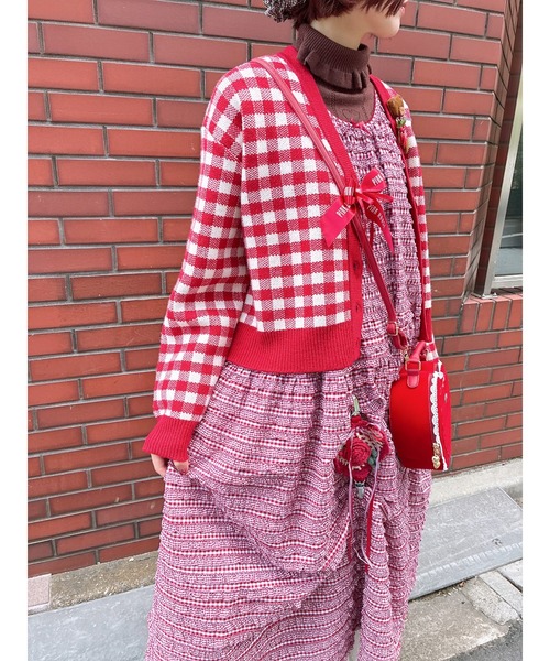 ギンガムチェックニットカーディガン（カーディガン/ボレロ）｜PINK