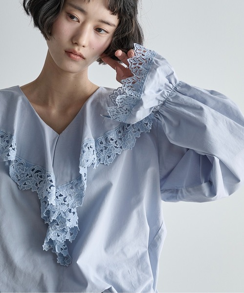 【crewre／クルーレ】ラッフルカラーコットンブラウス　アイボリー　サイズ3 crewre online store / ラッフルカラーコットンブラウス