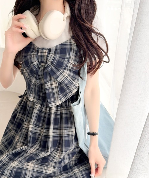 mily bilet(ミウィビレット)の「【mily bilet】夏に映える♪ビッグリボンチェック柄ティアードワンピース(ロング丈)(ワンピース・レディース・ブラック系/ブラック/ネイビー系・LARGE/MEDIUM/SMALL/X-LARGE)」の13枚目の写真