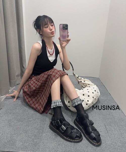 OAFISH（オアフィッシュ）の「LAYERED CHECK PLEATS WRAP SKIRT, RED（スカート・レディース・その他・ONE SIZE）」の5枚目の写真