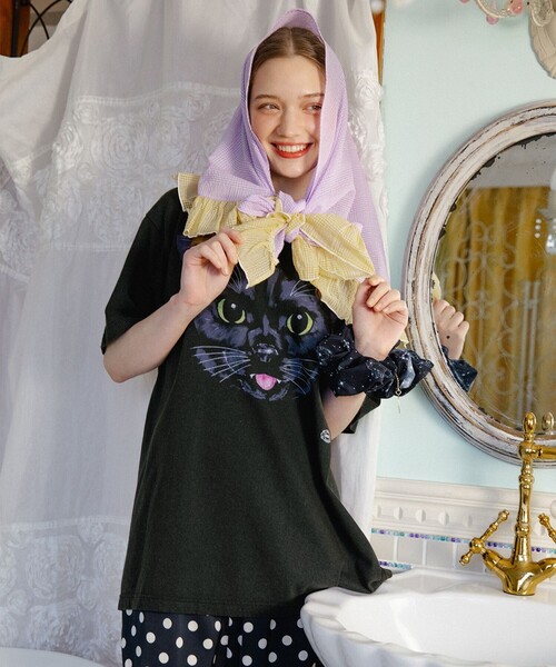 mmts（マミタス）の「BLACK CAT FACE  Tシャツ 旅行 レイヤード 洗濯可能 主役トップス ライブ（Tシャツ/カットソー・レディース・ブラック・S/M/L/XL）」の5枚目の写真