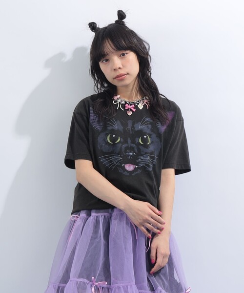 mmts（マミタス）の「BLACK CAT FACE  Tシャツ 旅行 レイヤード 洗濯可能 主役トップス ライブ（Tシャツ/カットソー・レディース・ブラック・S/M/L/XL）」の7枚目の写真