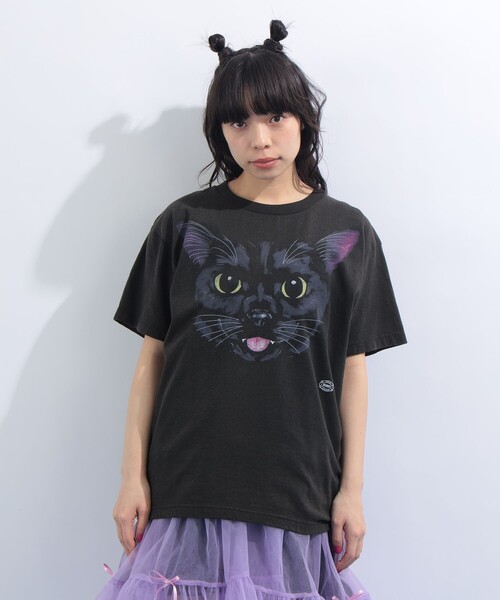 mmts（マミタス）の「BLACK CAT FACE  Tシャツ 旅行 レイヤード 洗濯可能 主役トップス ライブ（Tシャツ/カットソー・レディース・ブラック・S/M/L/XL）」の9枚目の写真