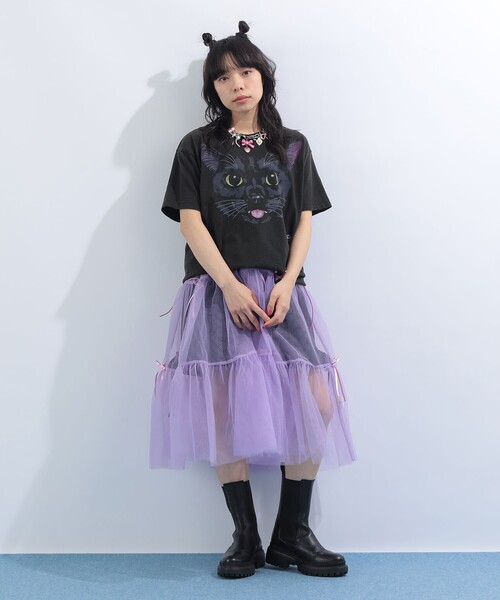 mmts（マミタス）の「BLACK CAT FACE  Tシャツ 旅行 レイヤード 洗濯可能 主役トップス ライブ（Tシャツ/カットソー・レディース・ブラック・S/M/L/XL）」の13枚目の写真