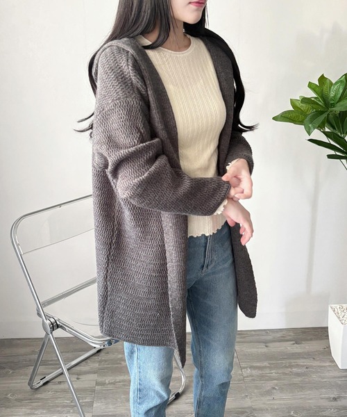 Amulet(アミュレット)の「いつものコーデに抜け感をプラスする一枚 フード付きニットカーディガン(カーディガン/ボレロ・レディース・グレー/ブラック・FREE)」の7枚目の写真