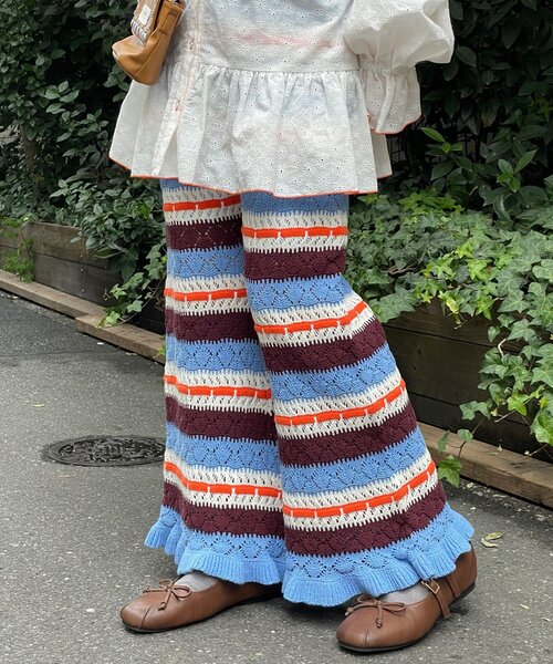 HELLO.SANFRANCISCO(ハローサンフランシスコ)の「【HELLO.SANFRANCISCO/ハローサンフランシスコ】透かし柄ボーダーニットパンツ(その他パンツ・レディース・サックスブルー/レッド・ONE SIZE)」の5枚目の写真