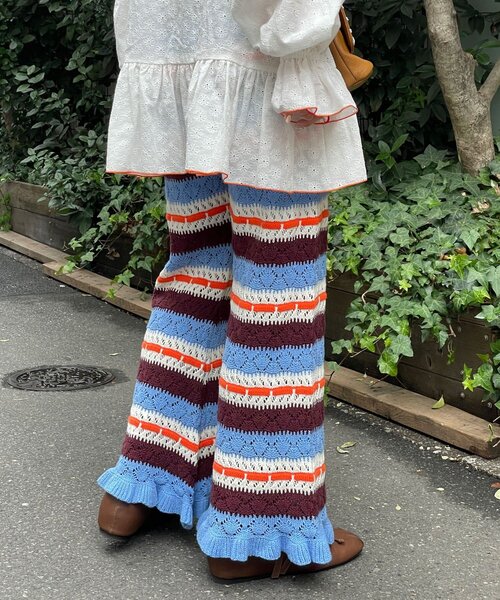 HELLO.SANFRANCISCO(ハローサンフランシスコ)の「【HELLO.SANFRANCISCO/ハローサンフランシスコ】透かし柄ボーダーニットパンツ(その他パンツ・レディース・サックスブルー/レッド・ONE SIZE)」の6枚目の写真