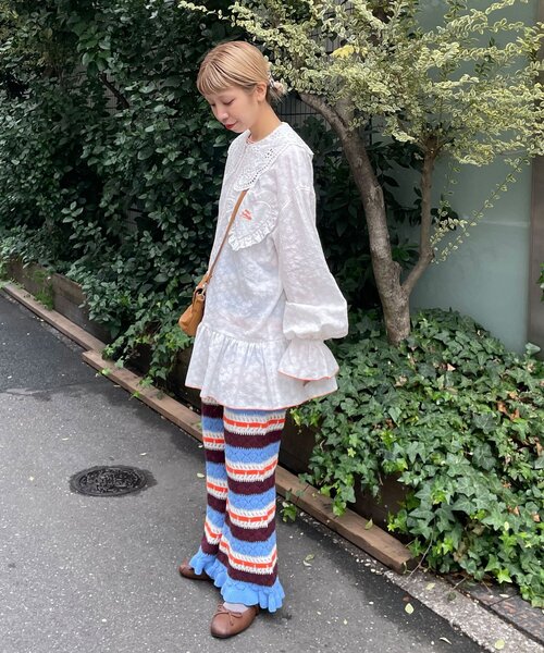 HELLO.SANFRANCISCO(ハローサンフランシスコ)の「【HELLO.SANFRANCISCO/ハローサンフランシスコ】透かし柄ボーダーニットパンツ(その他パンツ・レディース・サックスブルー/レッド・ONE SIZE)」の8枚目の写真