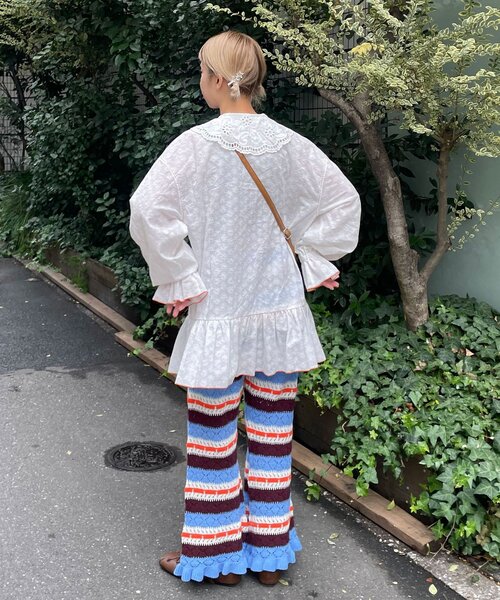 HELLO.SANFRANCISCO(ハローサンフランシスコ)の「【HELLO.SANFRANCISCO/ハローサンフランシスコ】透かし柄ボーダーニットパンツ(その他パンツ・レディース・サックスブルー/レッド・ONE SIZE)」の9枚目の写真