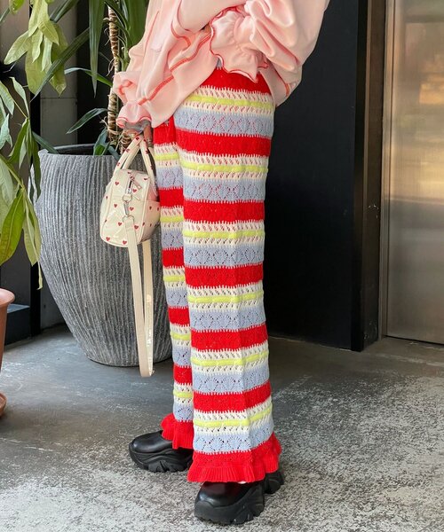 HELLO.SANFRANCISCO(ハローサンフランシスコ)の「【HELLO.SANFRANCISCO/ハローサンフランシスコ】透かし柄ボーダーニットパンツ(その他パンツ・レディース・サックスブルー/レッド・ONE SIZE)」の10枚目の写真
