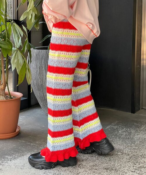 HELLO.SANFRANCISCO(ハローサンフランシスコ)の「【HELLO.SANFRANCISCO/ハローサンフランシスコ】透かし柄ボーダーニットパンツ(その他パンツ・レディース・サックスブルー/レッド・ONE SIZE)」の11枚目の写真