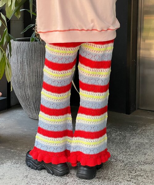 HELLO.SANFRANCISCO(ハローサンフランシスコ)の「【HELLO.SANFRANCISCO/ハローサンフランシスコ】透かし柄ボーダーニットパンツ(その他パンツ・レディース・サックスブルー/レッド・ONE SIZE)」の12枚目の写真